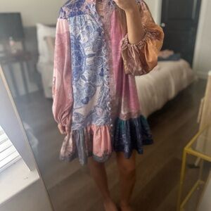 Pattern Multicolor Button Down Country Zimmermann Style Long Sleeve Dress SMALL